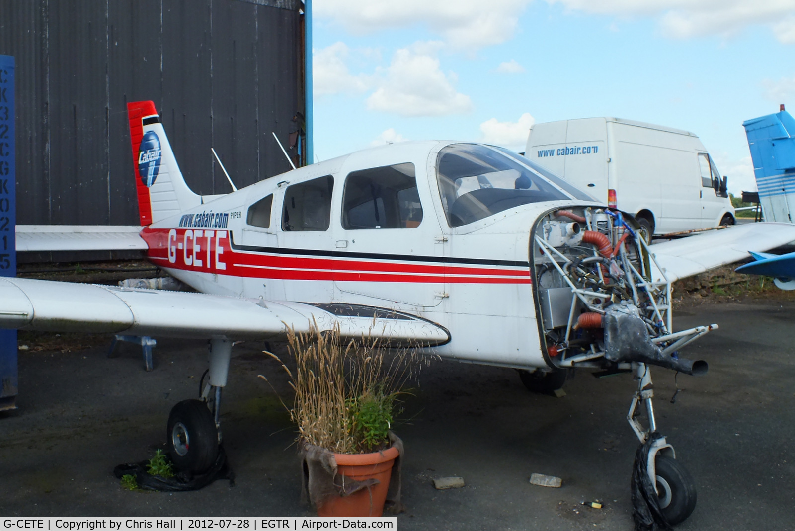 G-CETE, 2000 Piper PA-28-161 Cherokee Warrior III C/N 2842079, This was parked in the same place engine-less 18 months ago, with the demise of Cabair it looks unlikly to attract a buyer