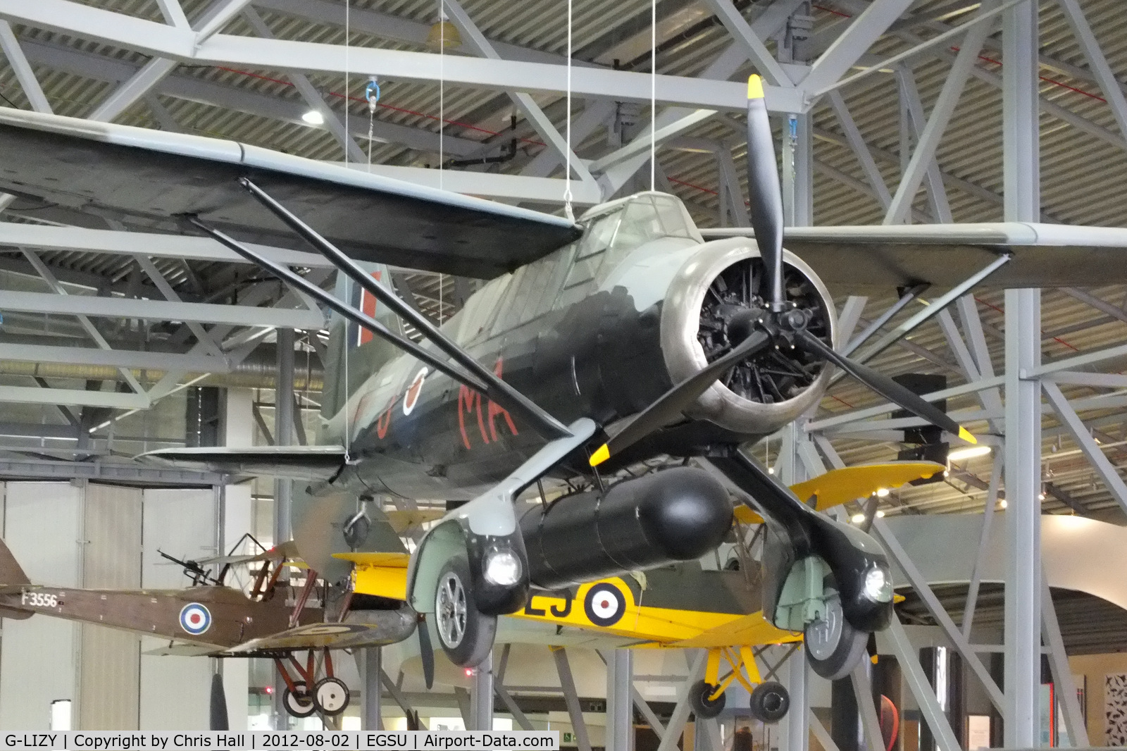 G-LIZY, 1940 Westland Lysander IIIA C/N 504/39, displayed inside the AirSpace hangar, Duxford