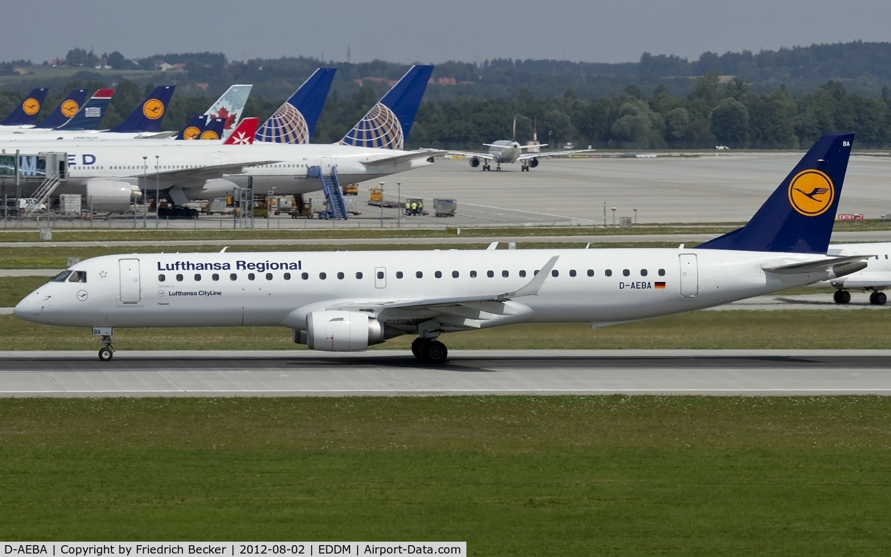 D-AEBA, 2009 Embraer 195LR (ERJ-190-200LR) C/N 19000314, departure from Munich
