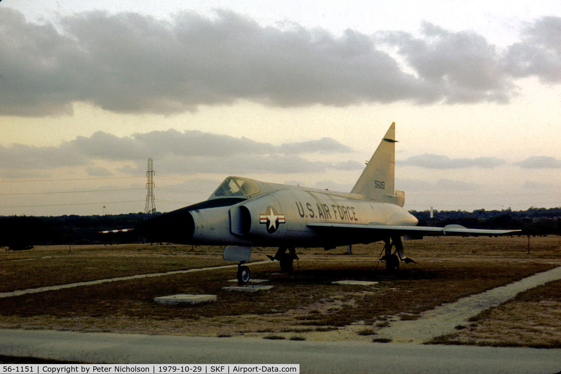 56-1151, 1956 Convair F-102A Delta Dagger C/N Not found 56-1151, F-102A Delta Dagger as an instructional trainer for flight-line security at Lackland AFB in October 1979.