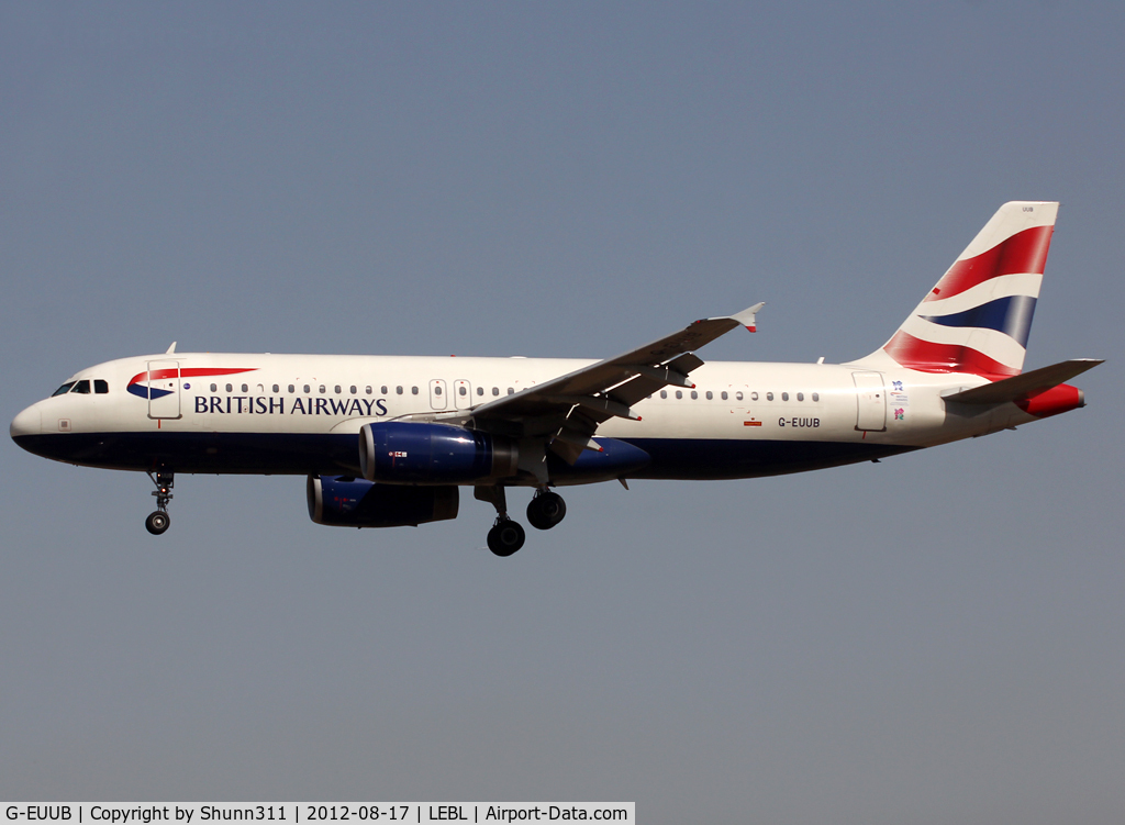 G-EUUB, 2002 Airbus A320-232 C/N 1689, Landing rwy 25R with additional small Olympic Game sticker...