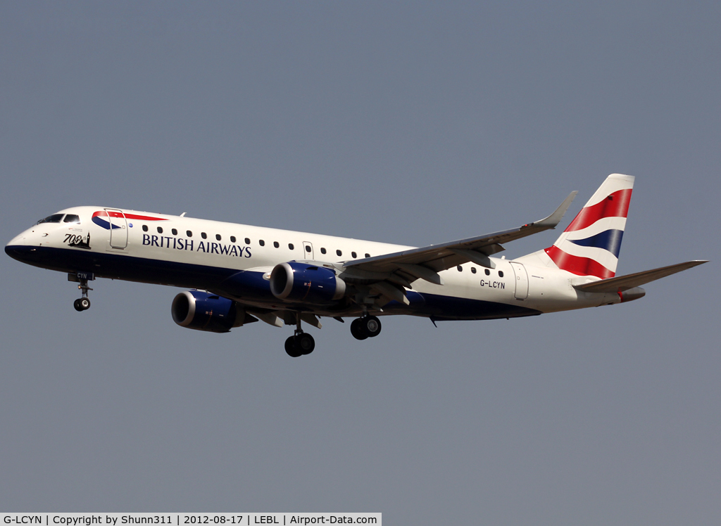 G-LCYN, 2010 Embraer 190SR (ERJ-190-100SR) C/N 19000392, Landing rwy 25R with additional '700th' titles on nose...
