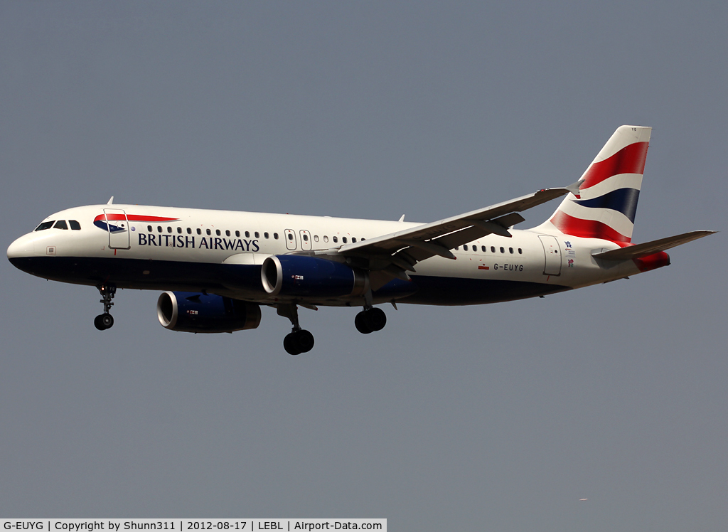 G-EUYG, 2010 Airbus A320-232 C/N 4238, Landing rwy 25R with additional Olympic Game sticker...