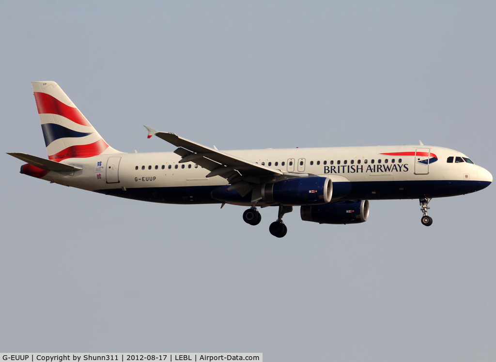 G-EUUP, 2003 Airbus A320-232 C/N 2038, Landing rwy 25R with additional small Olympic Game sticker...