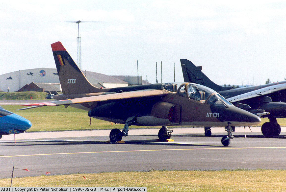 AT01, 1978 Dassault-Dornier Alpha Jet 1B C/N B01/1013, Belgian Air Force Alpha Jet of 9 Wing on the flight-line at the 1990 RAF Mildenhall Air Fete.