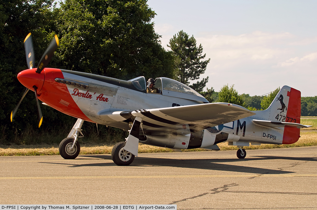 D-FPSI, 1944 North American P-51D Mustang C/N 122-39232, Darlin' Ann taxiing towards EDTG maintenance facilities after coming back from a test flight. Thanks to the friendly pilot who stopped the a/c for taking the pic.