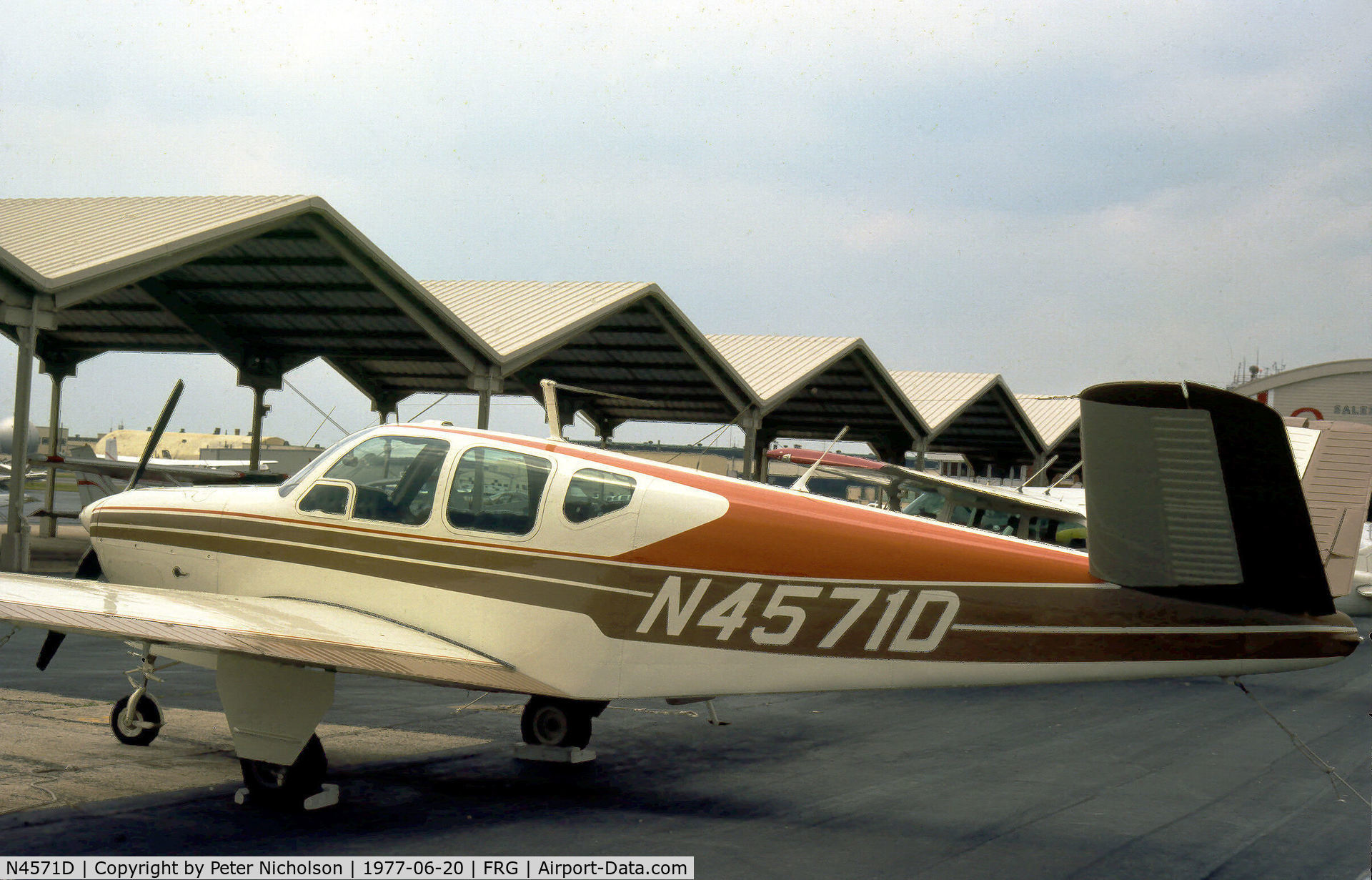 N4571D, 1956 Beech G35 Bonanza C/N D-4732, This Beech G35 Bonanza was resident at Republic Airport on Long Island in the Summer of 1977.