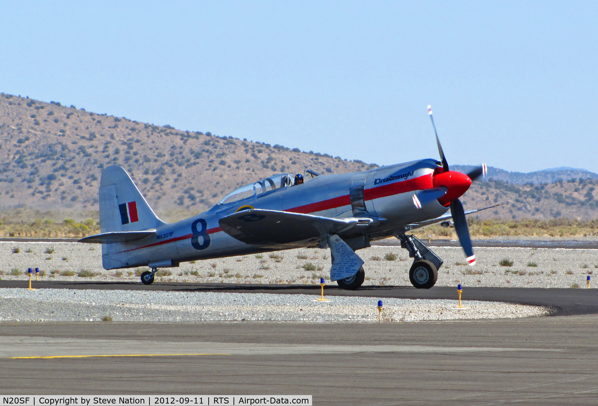 N20SF, 1956 Hawker Sea Fury T.20 C/N ES.9505, Dennis Sanders in Sea Fury T Mk 20 Race #8 DREADNOUGHT after morning qualifying run @ on September 11, 2012 at Stead Airport during Reno Air Races