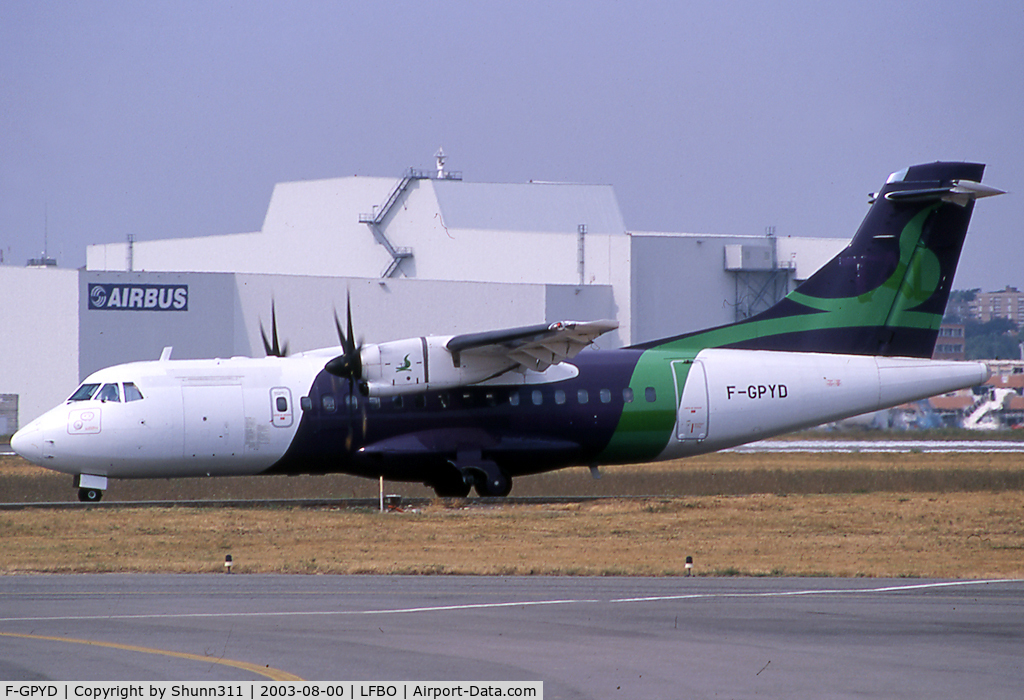 F-GPYD, 1996 ATR 42-500 C/N 490, Taxiing holding point rwy 32R for departure... No titles...