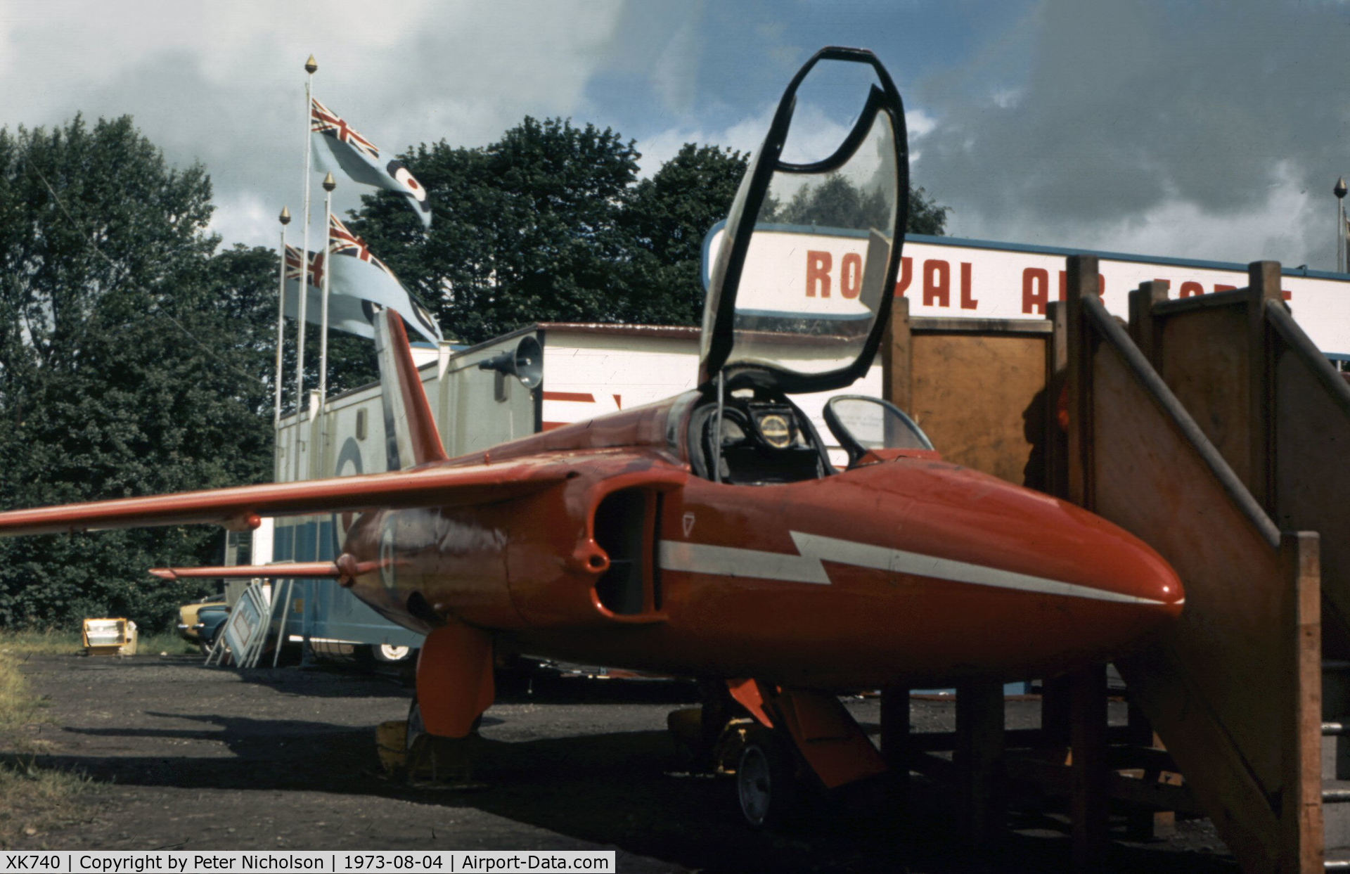 XK740, 1957 Folland Gnat F.1 (Fo-141) C/N FL4, Gnat F.1 in the Red Arrows colour scheme used as a recruiting airframe at Carlisle in the Summer of 1973.