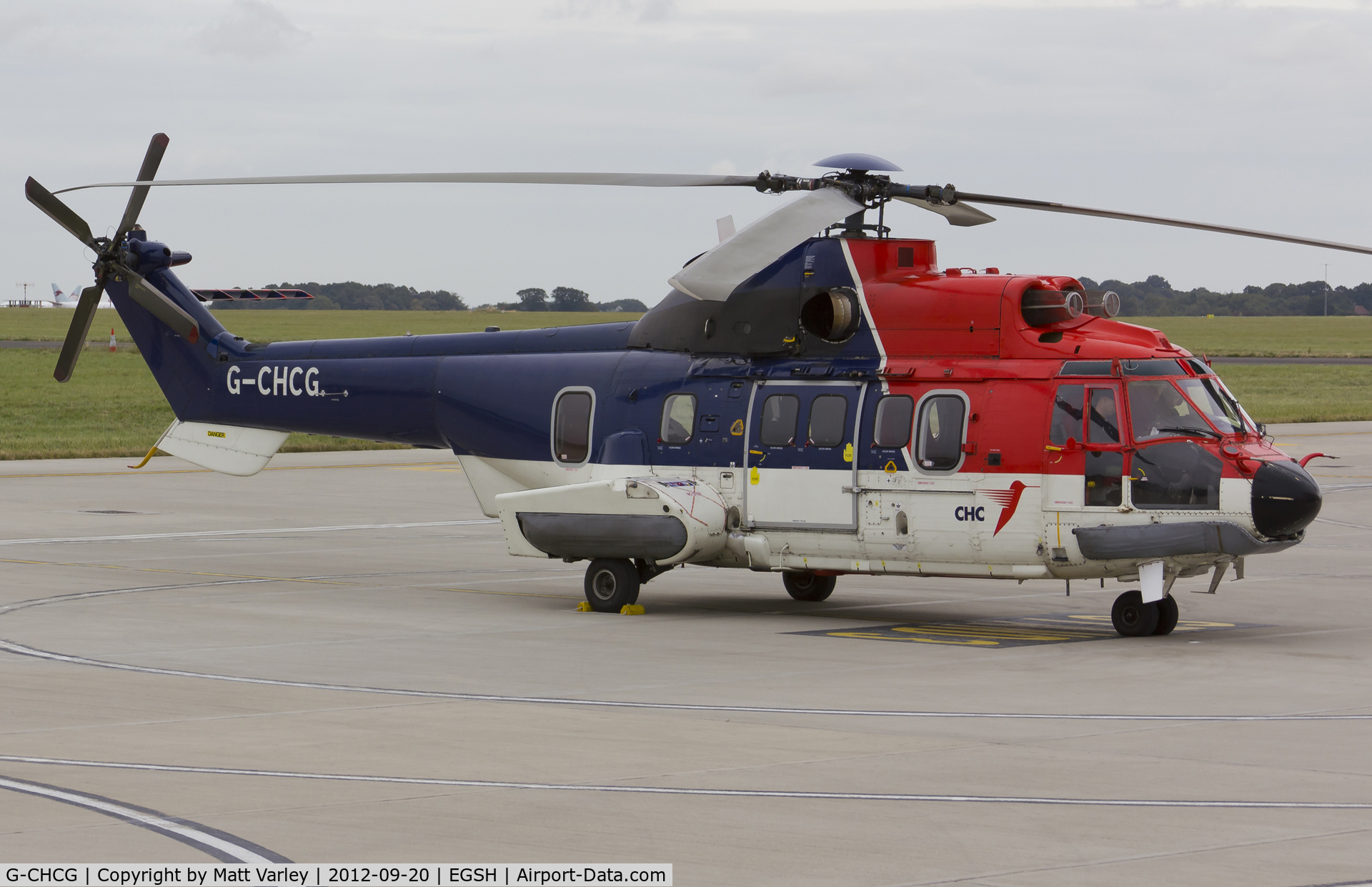 G-CHCG, 2003 Eurocopter AS-332L2 Super Puma Mk2 C/N 2592, Sat on stand at SaxonAir after a fuel stop on route to Turkey.