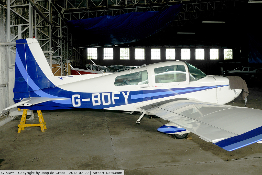 G-BDFY, 1975 Grumman American AA-5 Traveler C/N AA5-0806, undergoing maintenance in the Kirknewton hangar