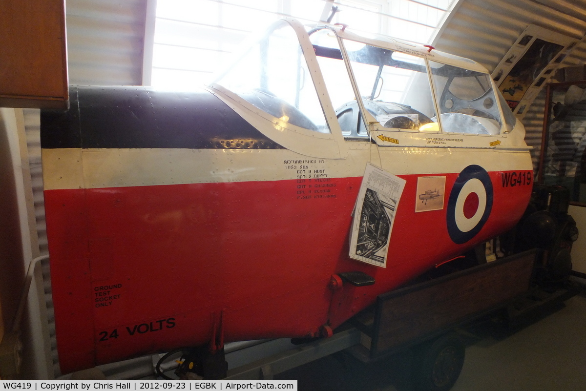 WG419, 1951 De Havilland DHC-1 Chipmunk T.10 C/N C1/0493, Cockpit section preserved in the Sywell Aviation Museum, served with 4 BFTS and 6 RFTS at Sywell