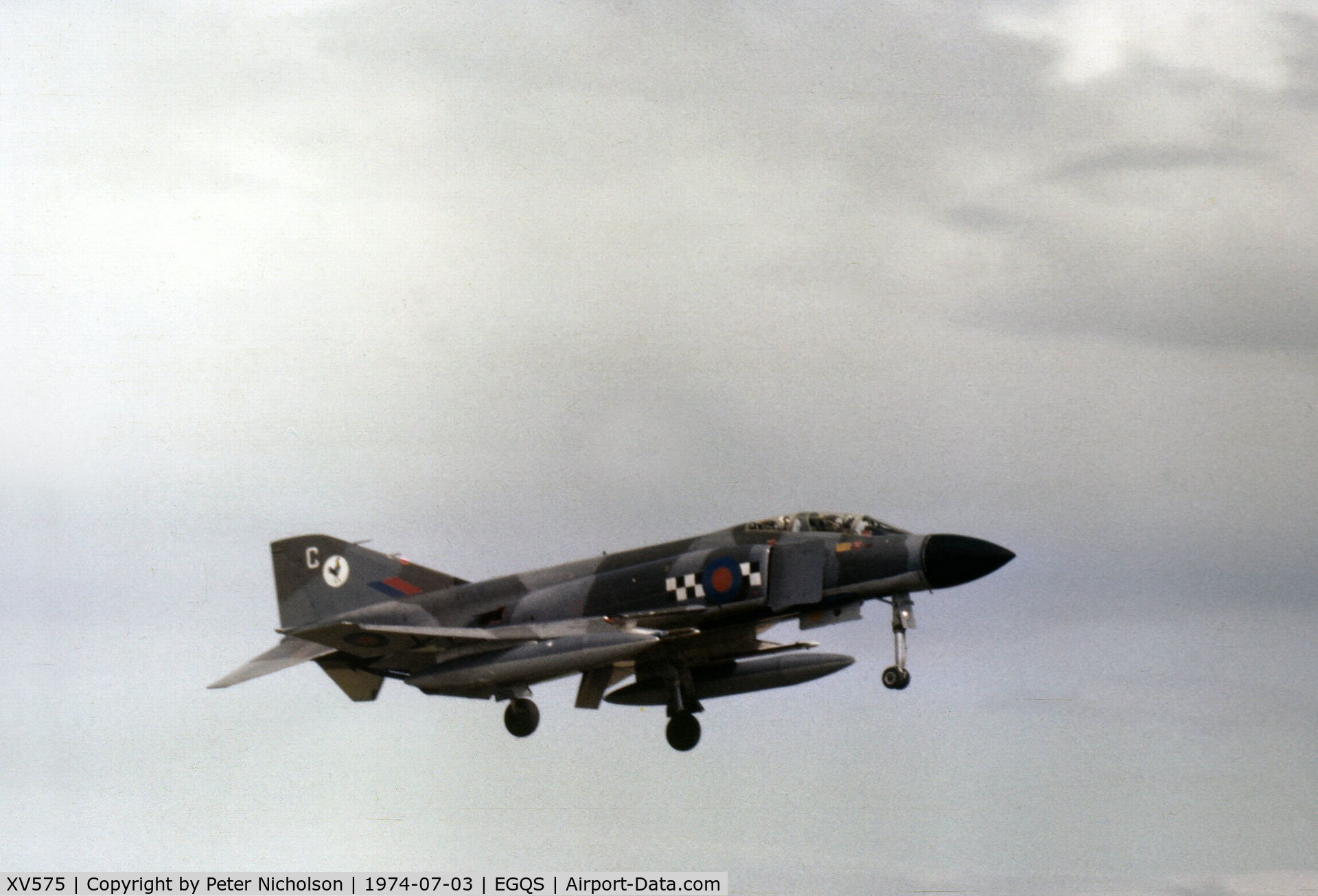 XV575, 1968 McDonnell Douglas Phantom FG1 C/N 9329/3112, Phantom FG.1 of 43 Squadron at RAF Leuchars on final approach to RAF Lossiemouth in the Summer of 1974.