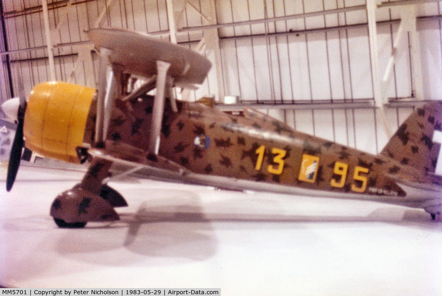 MM5701, Fiat CR.42 Falco C/N Not found MM5701, Fiat CR.42 Falcon as seen at the Royal Air Force Museum at Hendon in May 1983.
