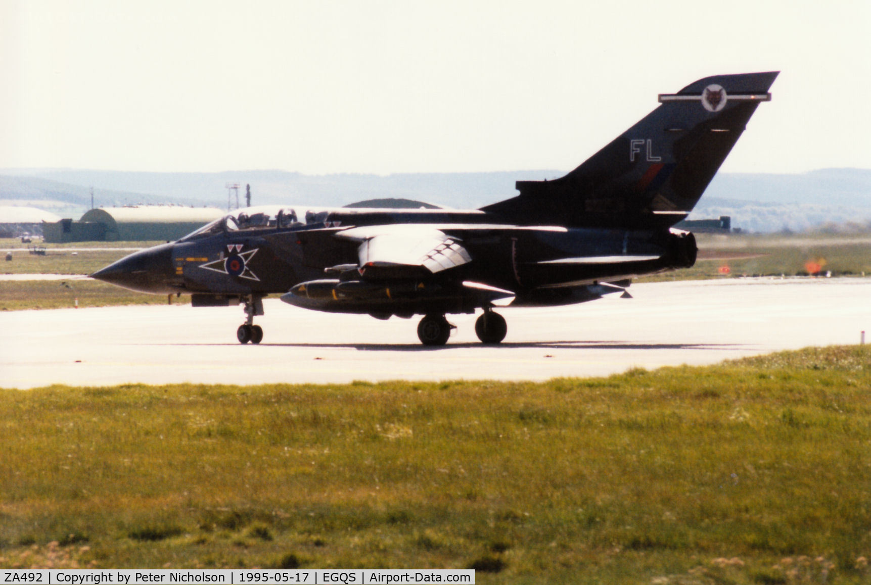 ZA492, 1983 Panavia Tornado GR.1B C/N 310/BS108/3144, Tornado GR.1B of 12 Squadron taxying to the active runway at RAF Lossiemouth in the Summer of 1995.