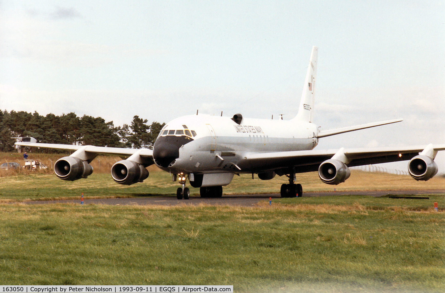 163050, 1966 McDonnell Douglas EC-24A (DC-8-54F) C/N 45881, US Navy's Fleet Electronic Warfare Support Group EC-24A taxying to the active runway at RAF Lossiemouth for an Exerise Solid Stance mission in September 1993.