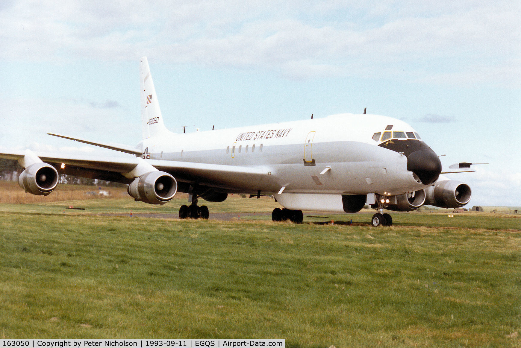 163050, 1966 McDonnell Douglas EC-24A (DC-8-54F) C/N 45881, US Navy's Fleet Electronic Warfare Support Group EC-24A taxying to the active runway at RAF Lossiemouth for an Exerise Solid Stance mission in September 1993.