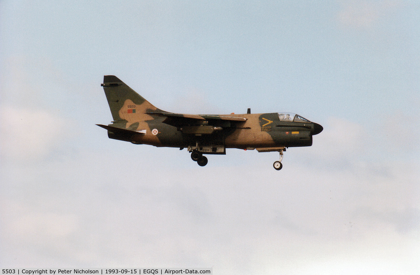 5503, LTV A-7P Corsair II C/N A-182/P-003, Portuguese Air Force A-7P Corsair II of 304 Esquadron on final approach to Runway 05 at RAF Lossiemouth in September 1993.