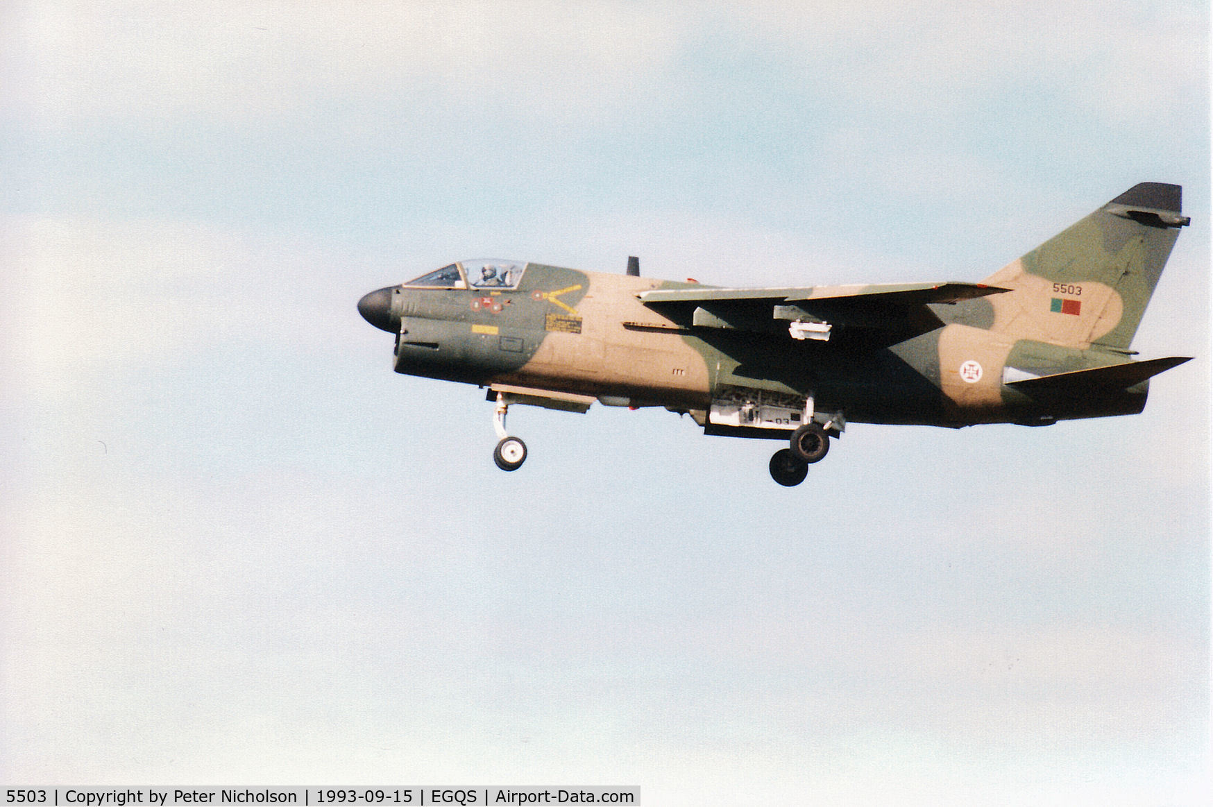 5503, LTV A-7P Corsair II C/N A-182/P-003, A-7P Corsair II of 304 Esquadron Portuguese Air Force on final approach to Runway 23 at RAF Lossiemouth in September 1993.