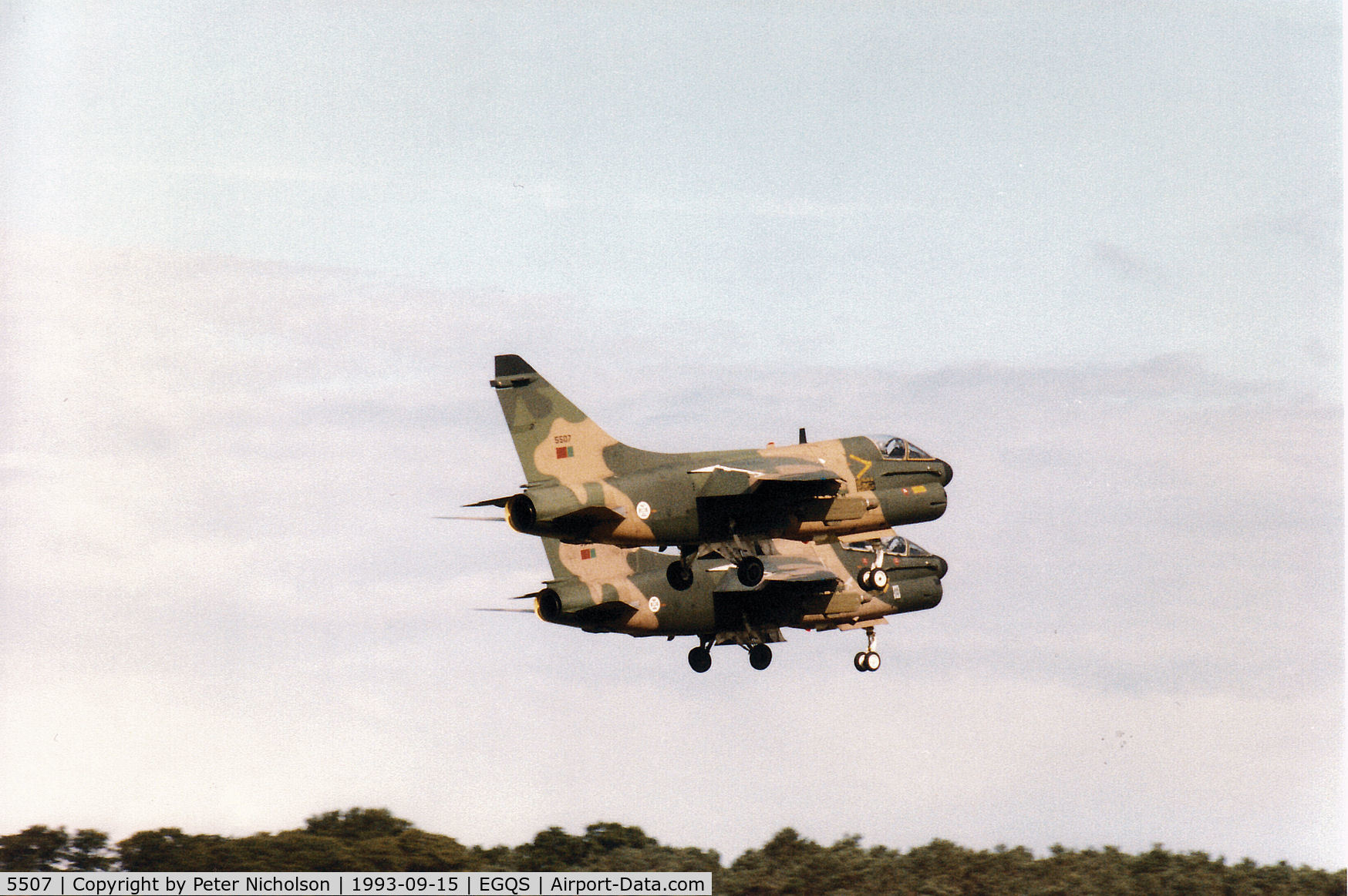 5507, LTV A-7P Corsair II C/N A-103/P-007, Portuguese A-7P Corsair II of 304 Esquadron with TA-7P Corsair II 5548 on paired approach to Runway 23 at RAF Lossiemouth in September 1993.