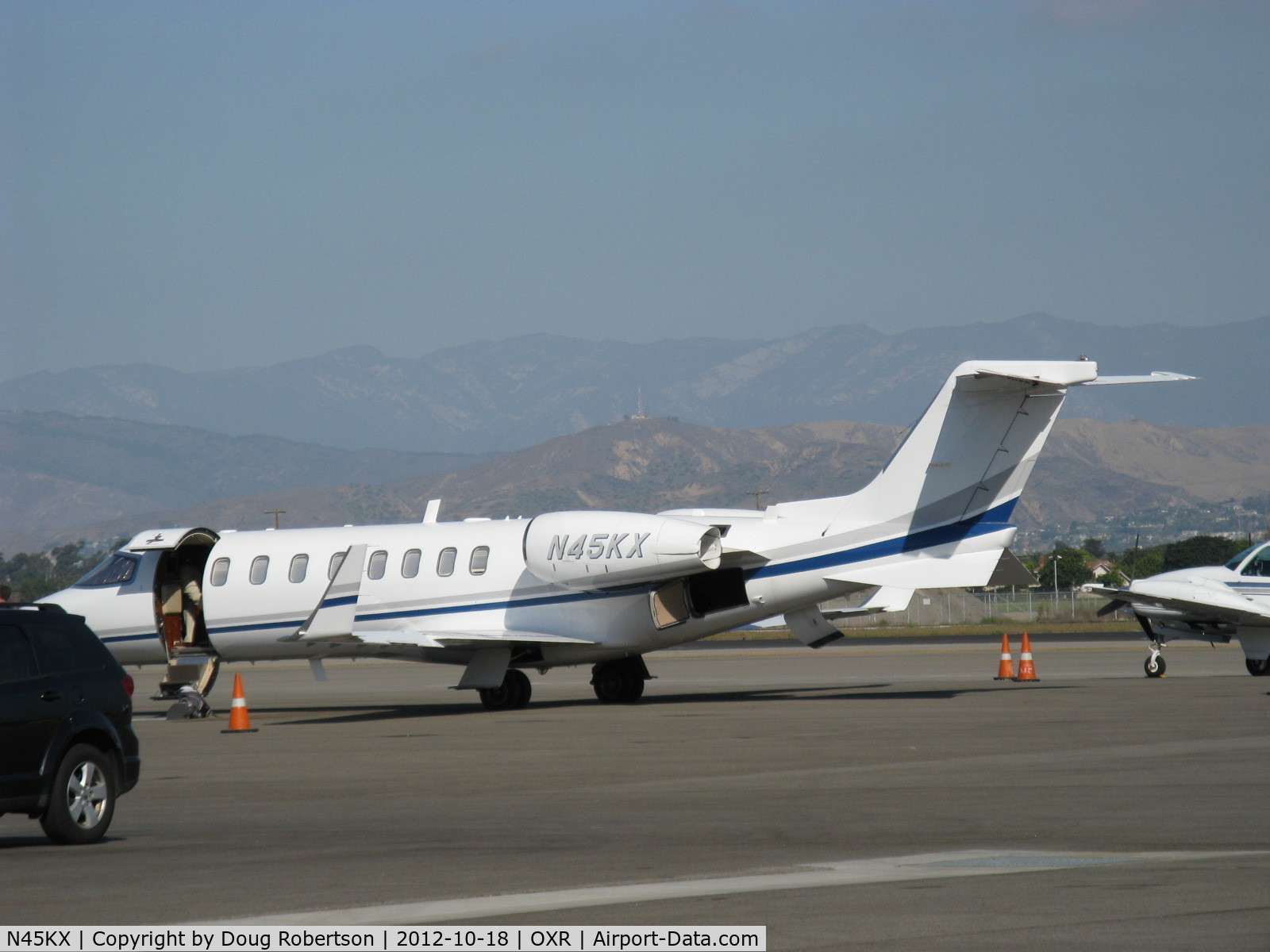 N45KX, Learjet Inc 45 C/N 233, 2004 Learjet 45 Business Jet, two Honeywell TFE731-20 Turbofans flat rated at 3,500 lb st each. Thrust reversers, digital electronic engine controls. On Oxnard Aircraft and Jet Center ramp.