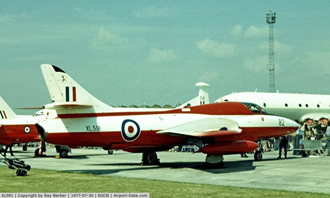 XL591, 1958 Hawker Hunter T.7 C/N 41H-693685, Hawker Hunter T.7 [41H/693685] RAF Finningley~G 30/07/1977. Taken from a slide.