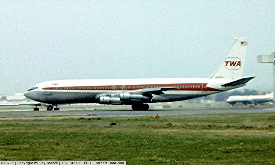 N18706, Boeing 707-331B C/N 18982, Boeing 707-331B [18982] (TWA) Heathrow~G 01/07/1974. Taken from a slide.