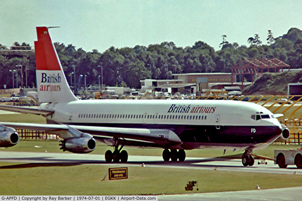 G-APFD, 1960 Boeing 707-436 C/N 17705, Boeing 707-436 [17705] (British Airtours) Gatwick~G 01/07/1974. Taken from a slide.