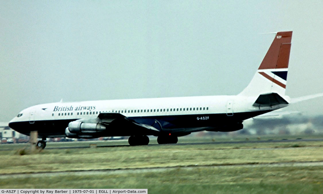 G-ASZF, 1965 Boeing 707-336C C/N 18924, Boeing 707-336C [18924] (British Airways) Heathrow~G 01/07/1975. Taken from a slide.