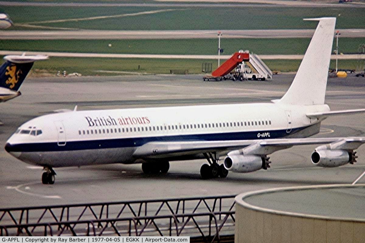 G-APFL, 1960 Boeing 707-436 C/N 17713, Boeing 707-436 [17713] (British Airtours) Gatwick~G 05/04/1977. Taken from a slide.