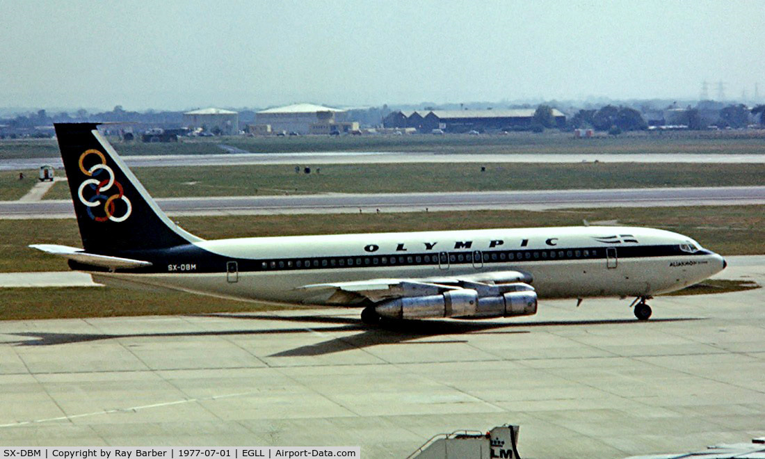 SX-DBM, 1972 Boeing 720-051B C/N 18687, Boeing 720-051B [18687] (Olympic Airways) Heathrow~G 01/07/1977. Taken from a slide.