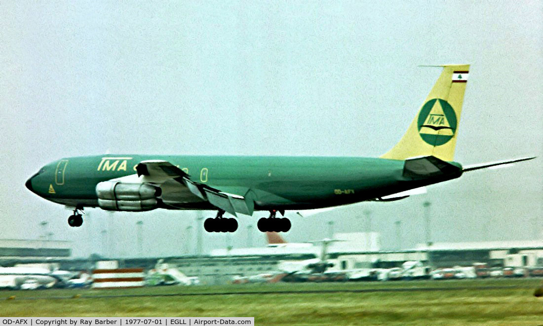 OD-AFX, 1966 Boeing 707-327C C/N 19107, Boeing 707-327C [19107] (TMA) Heathrow~G 01/07/1977. Taken from a slide.