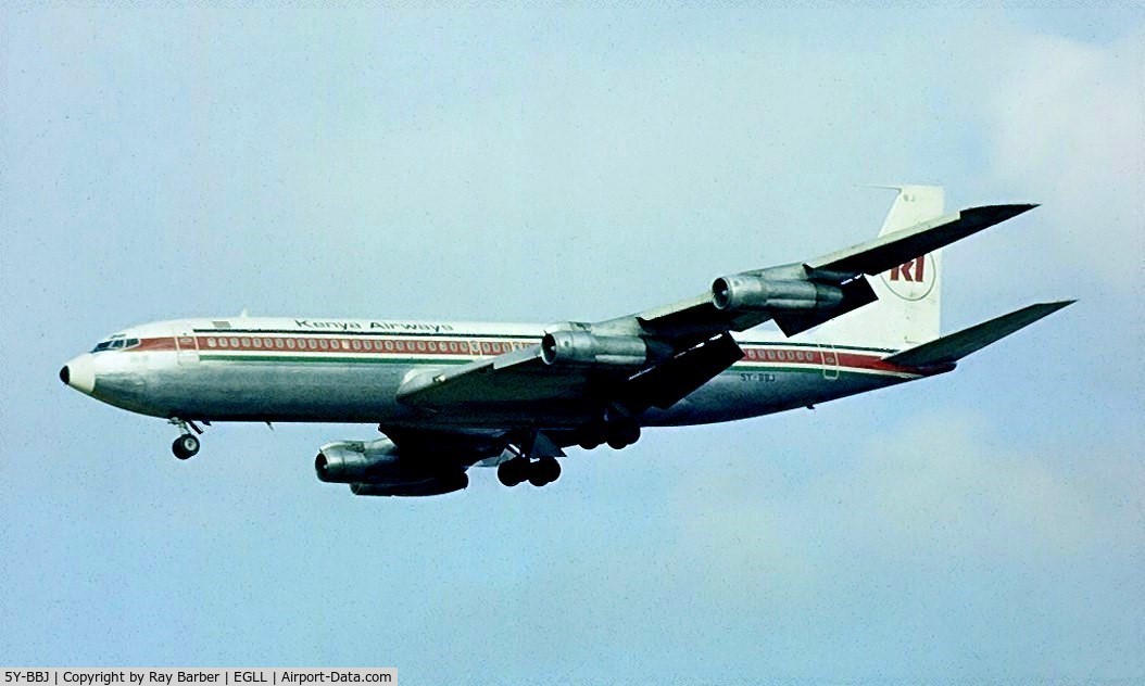 5Y-BBJ, 1968 Boeing 707-351B C/N 19633, Boeing 707-351B [19633] (Kenya Airways) Heathrow~G 1978. Image taken from a slide.