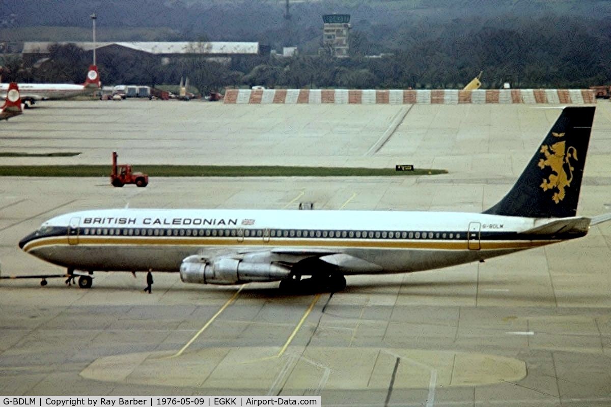 G-BDLM, 1968 Boeing 707-338C C/N 19629, Boeing 707-338C [19629] (British Caledonian) Gatwick~G 09/05/1976. Image taken from a slide.