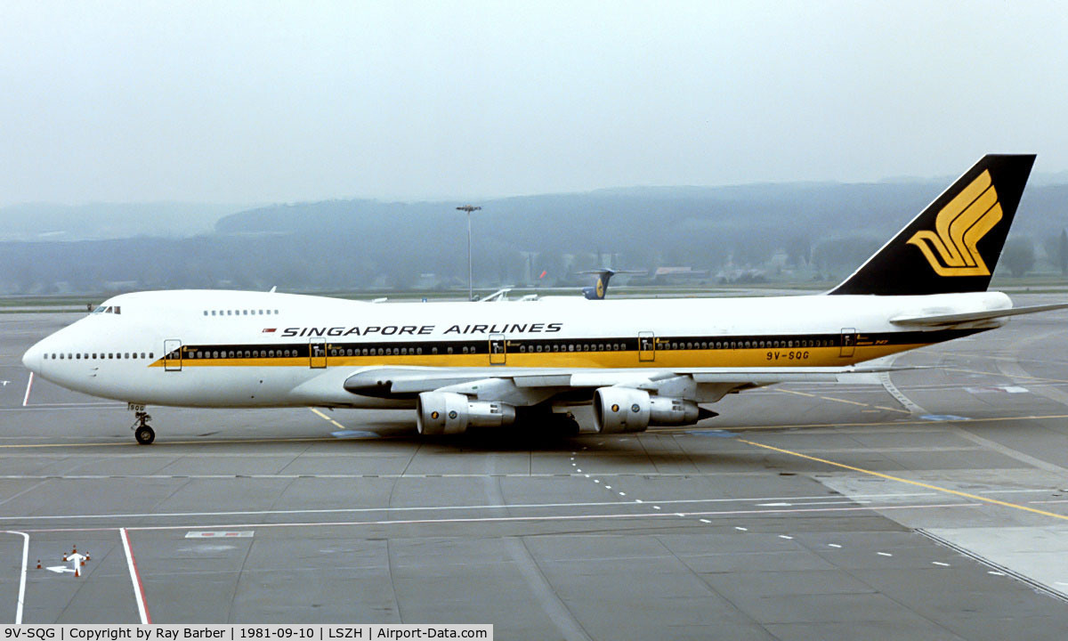 9V-SQG, 1978 Boeing 747-212B C/N 21439, Boeing 747-212B [21439] (Singapore Airlines) Zurich~HB 10/09/1981. Image taken from a slide.