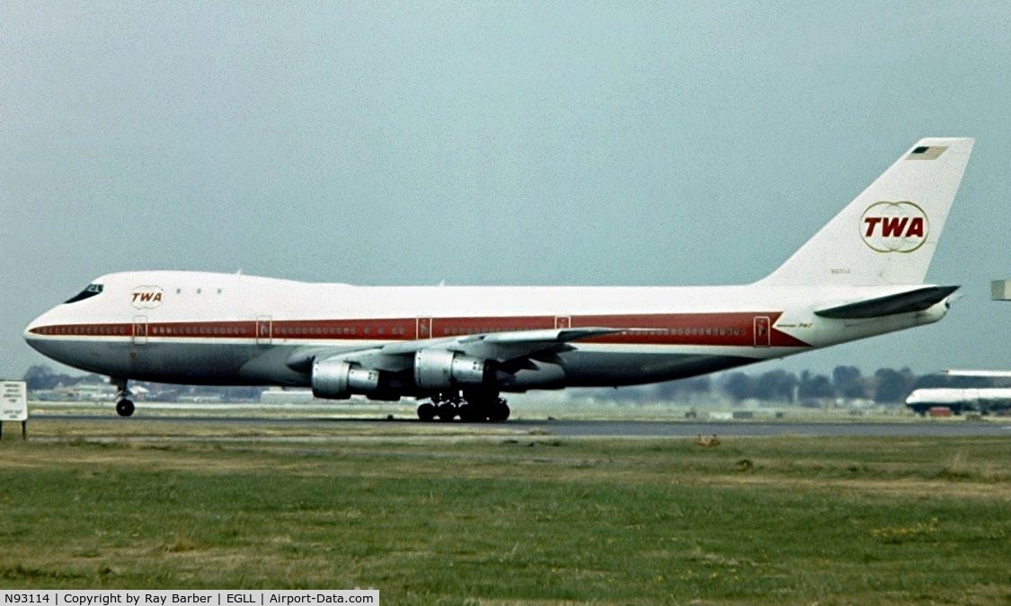 N93114, Boeing 747-131/SF C/N 20081, Boeing 747-131 [20081] (TWA) Heathrow~G 01/07/1975. Image taken from a slide.