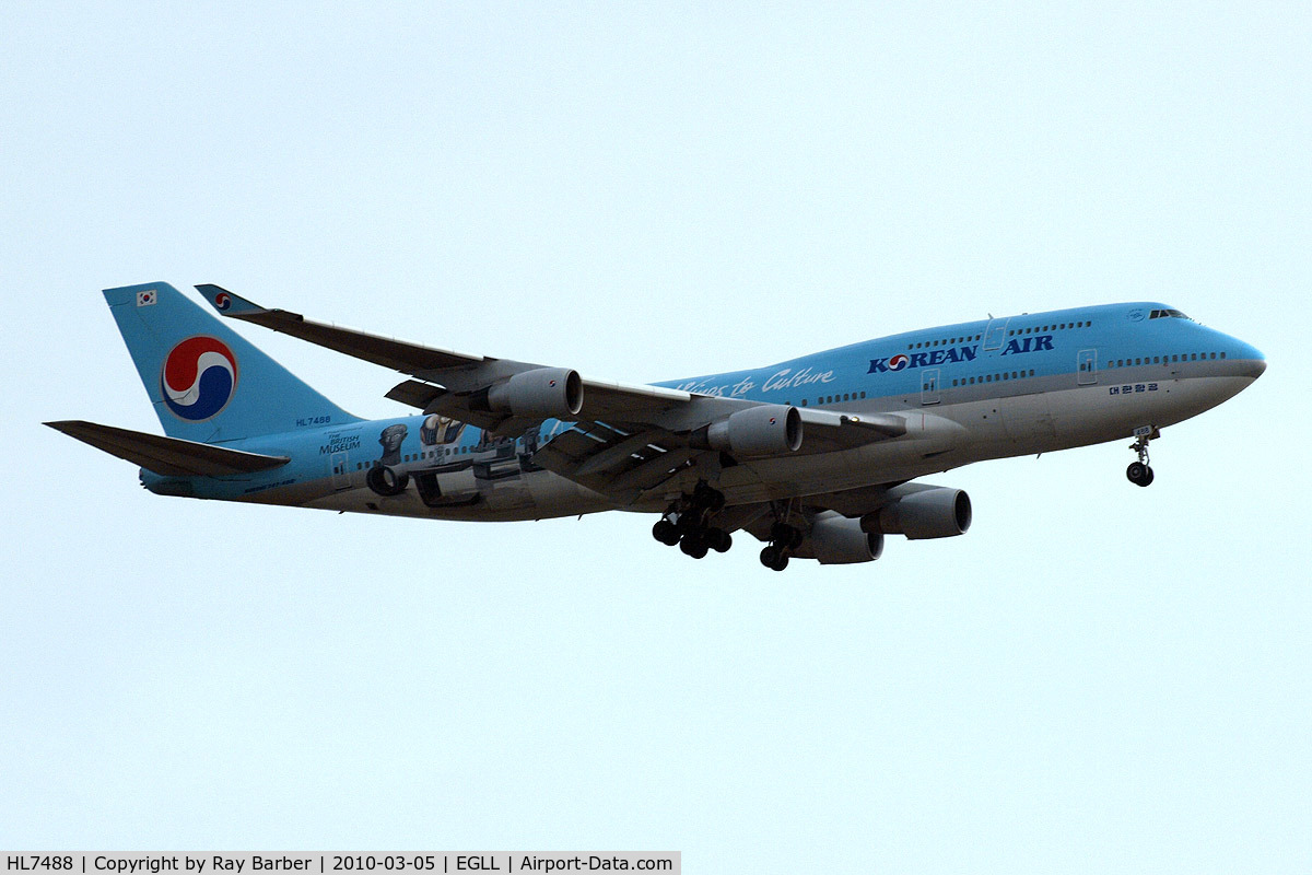 HL7488, Boeing 747-4B5 C/N 26394, Boeing 747-4B5 [26394] (Korean Air) Home~G 05/03/2010. On approach 27L in special scheme.