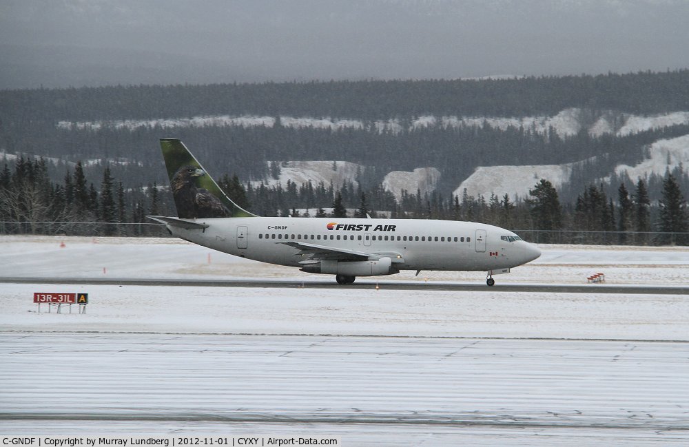C-GNDF, 1987 Boeing 737-25A C/N 23790, On takeoff run at Whitehorse, shortly after arriving on a charter.