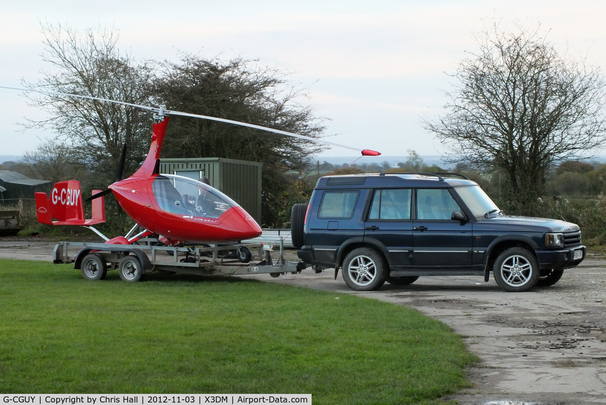 G-CGUY, 2010 Rotorsport UK Calidus C/N RSUK/CALS/017, after landing at Darley Moor Airfield, this Calidus was loaded onto a trailer and driven away to the owners nearby home
