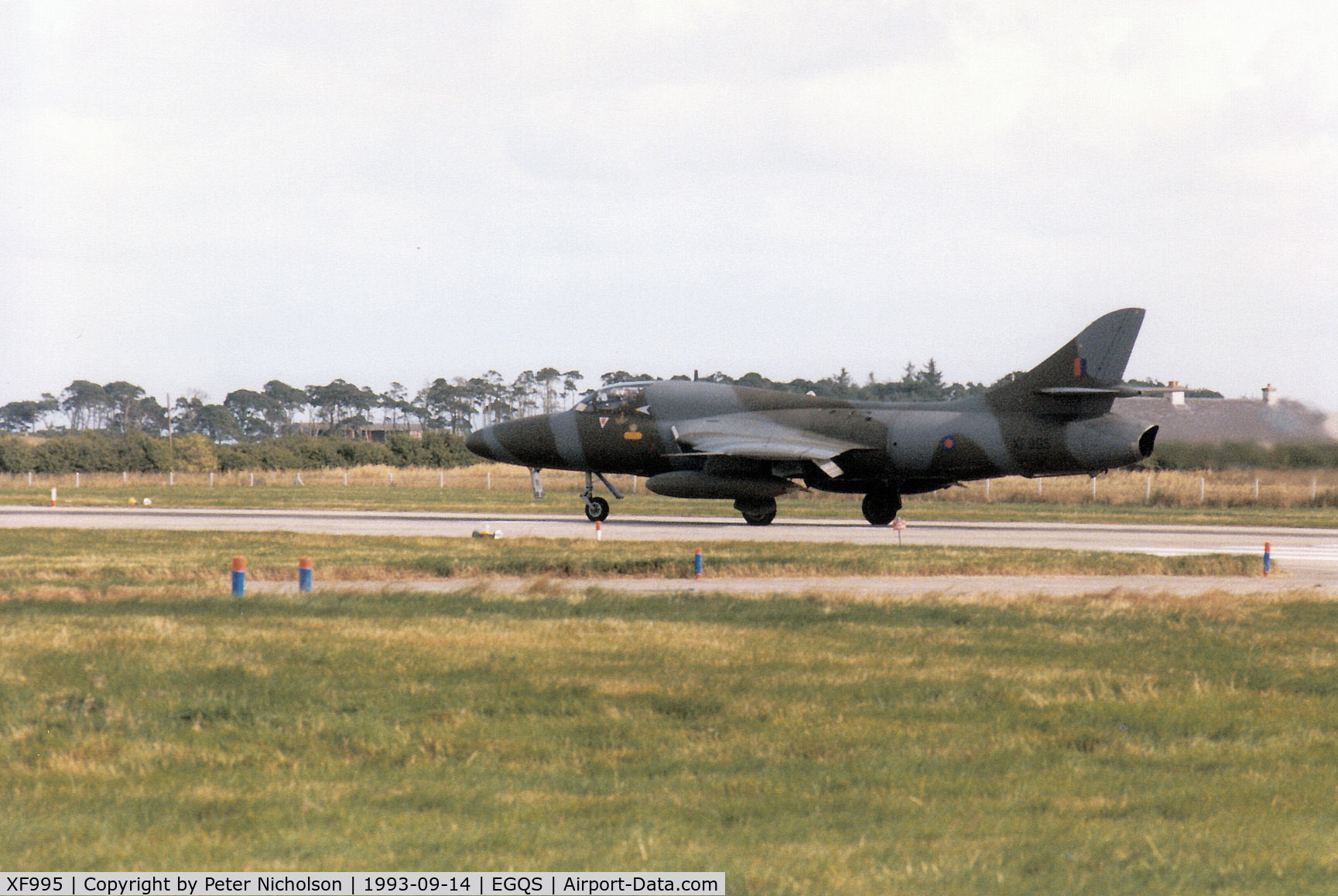 XF995, 1956 Hawker Hunter T.8B C/N HABL-003150, Hunter T.8B of 208 Squadron preparing for take-off on Runway 05 at RAF Lossiemouth in September 1993.