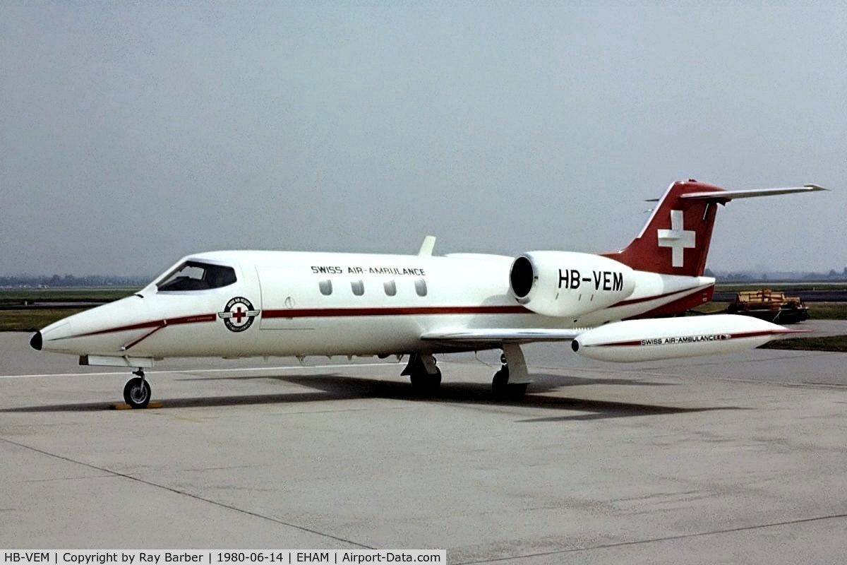 HB-VEM, 1976 Learjet 35A C/N 35A-068, Learjet 35A [35A-068] (Swiss Air Ambulance) Amsterdam - Schiphol~PH 14/06/1980. Image taken from a slide.