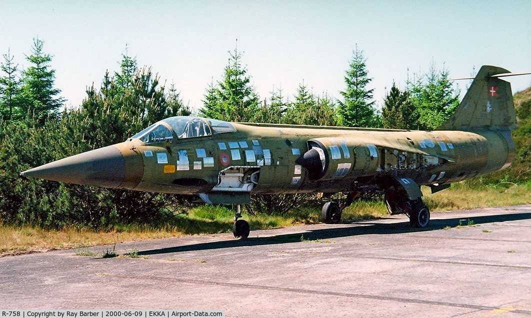 R-758, Lockheed CF-104 Starfighter C/N 683A-1058, Lockheed CF-104 Starfighter [683A-1058] Karup~OY 09/06/2000. Used for ABDR, Aircraft Battle Damage Repair, at Tirstrup and Karup. Seen here for paint trials left in the open with various paint samples applied. Broken up in 2010 at Bjerrinbro~OY. 
