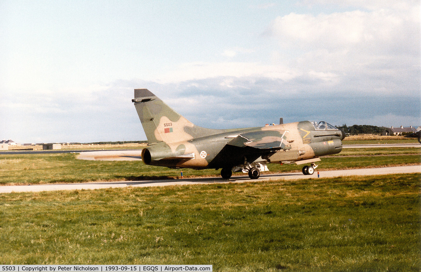 5503, LTV A-7P Corsair II C/N A-182/P-003, Portuguese Air Force A-7P Corsair II of 304 Esquadron taxying to Runway 05 at RAF Lossiemouth in September 1993.
