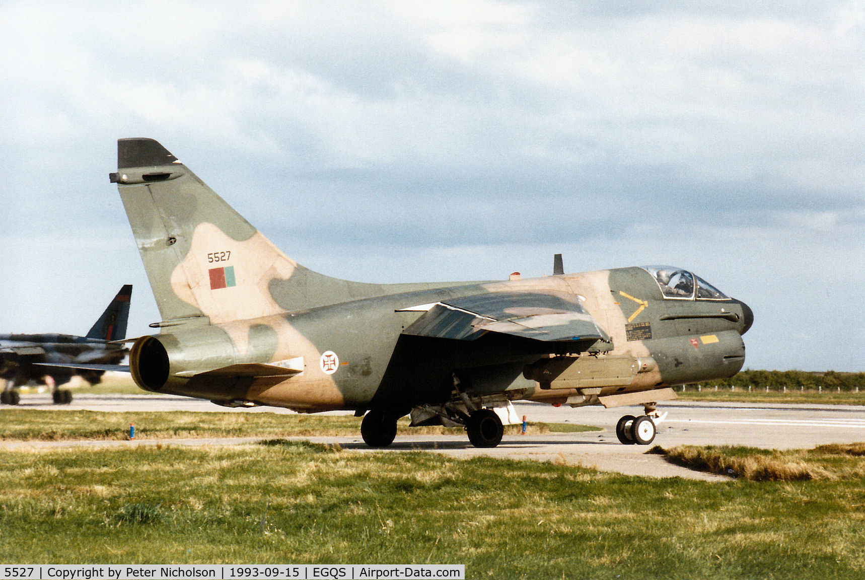 5527, LTV A-7P Corsair II C/N A-088, Portuguese Air Force A-7P Corsair II of 304 Esquadron taxying to Runway 05 at RAF Lossiemouth in September 1993.