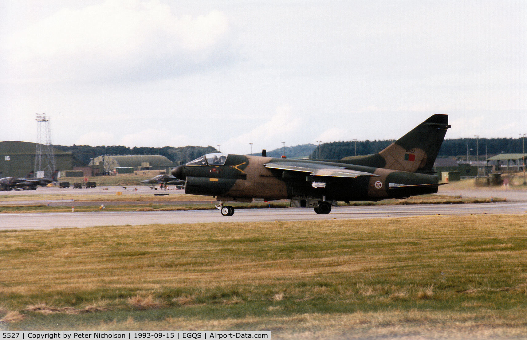 5527, LTV A-7P Corsair II C/N A-088, Portuguese Air Force A-7P Corsair II of 304 Esquadron lining up on Runway 05 at RAF Lossiemouth in September 1993.