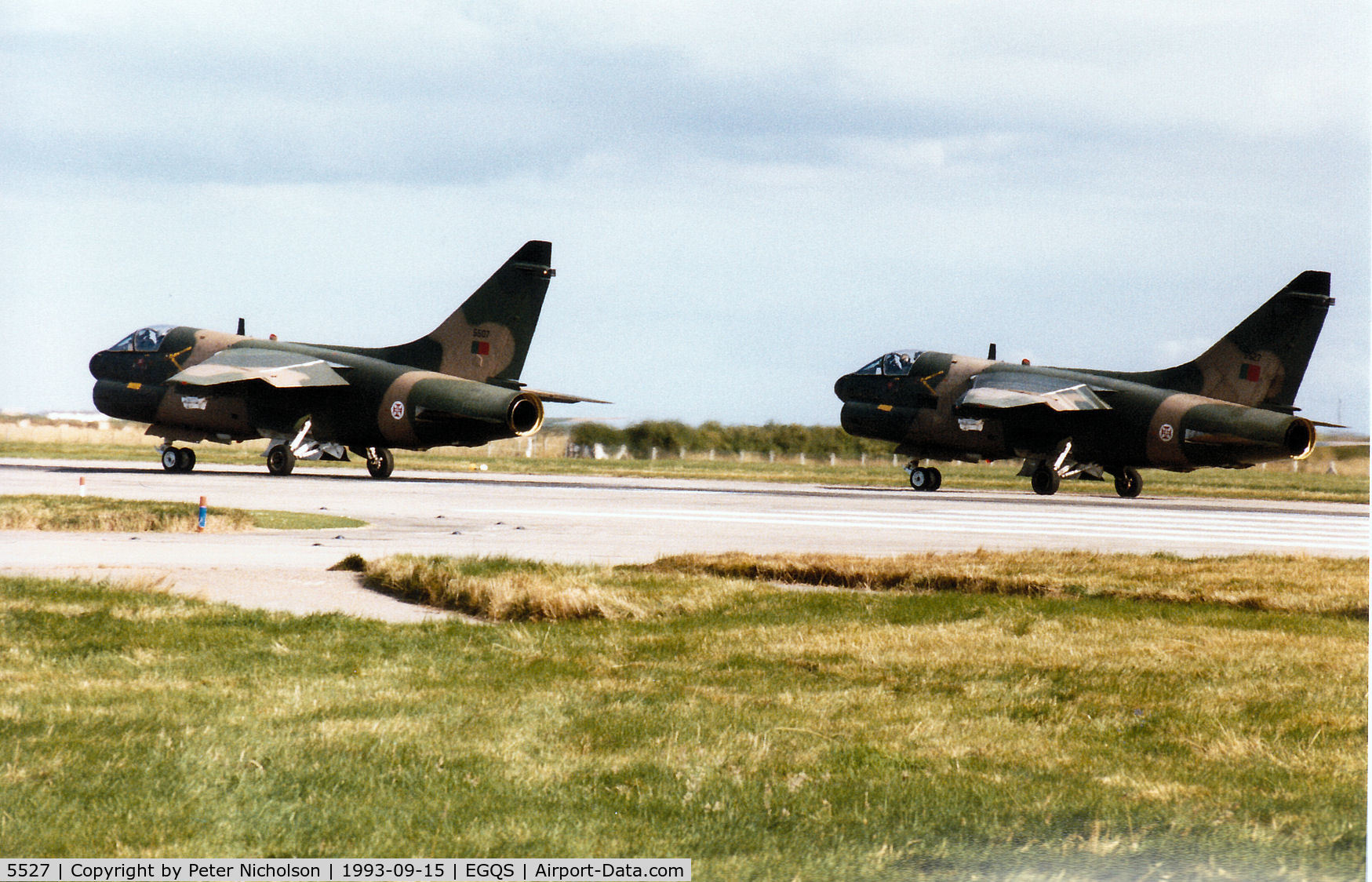 5527, LTV A-7P Corsair II C/N A-088, Portuguese Air Force A-7P Corsair II of 304 Esquadron preparing for take-off with A-7P 5507 on Runway 05 at RAF Lossiemouth in September 1993.