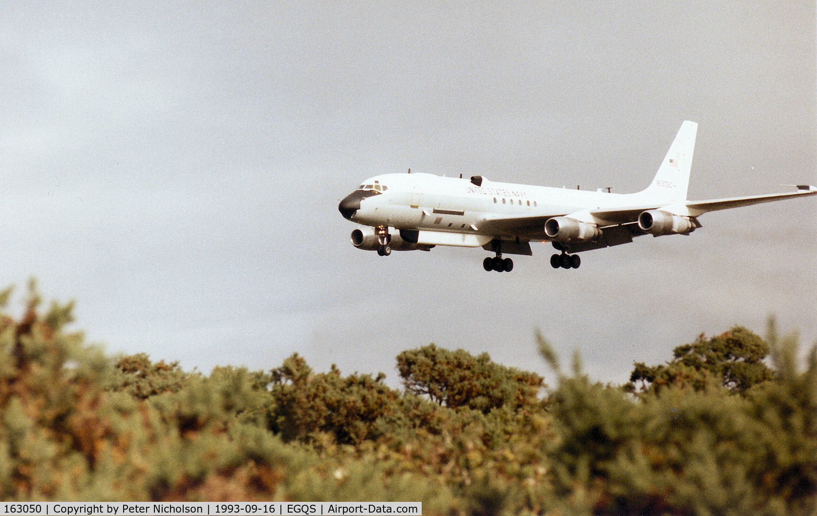 163050, 1966 McDonnell Douglas EC-24A (DC-8-54F) C/N 45881, United States Navy EC-24A returning to RAF Lossiemouth from an Exercise Solid Stance mission in September 1993.