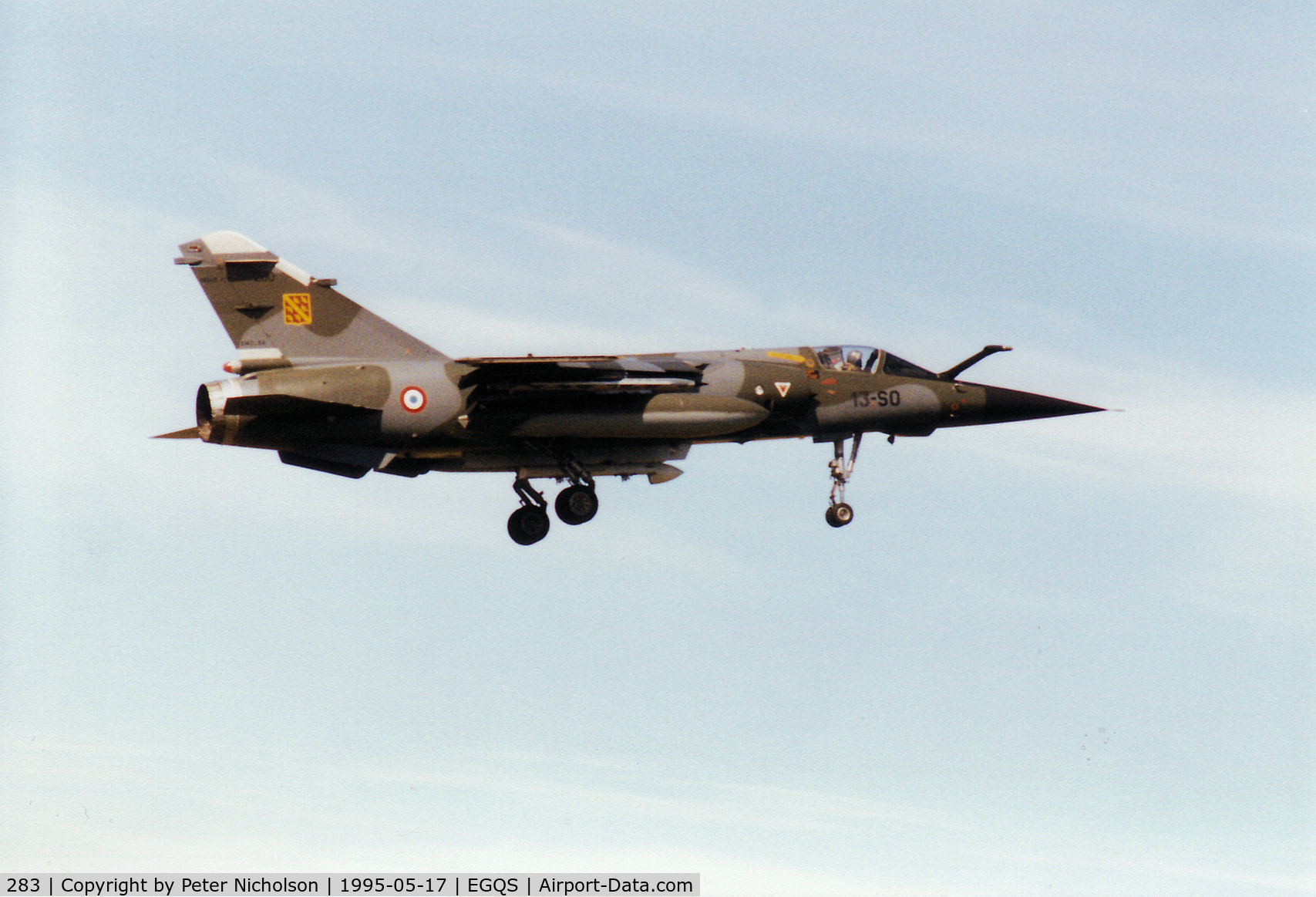 283, Dassault Mirage F.1CT C/N 283, Mirage F.1CT, callsign French Air Force 5722, of EC 1/3 on final approach to Runway 05 at RAF Lossiemouth in May 1995.