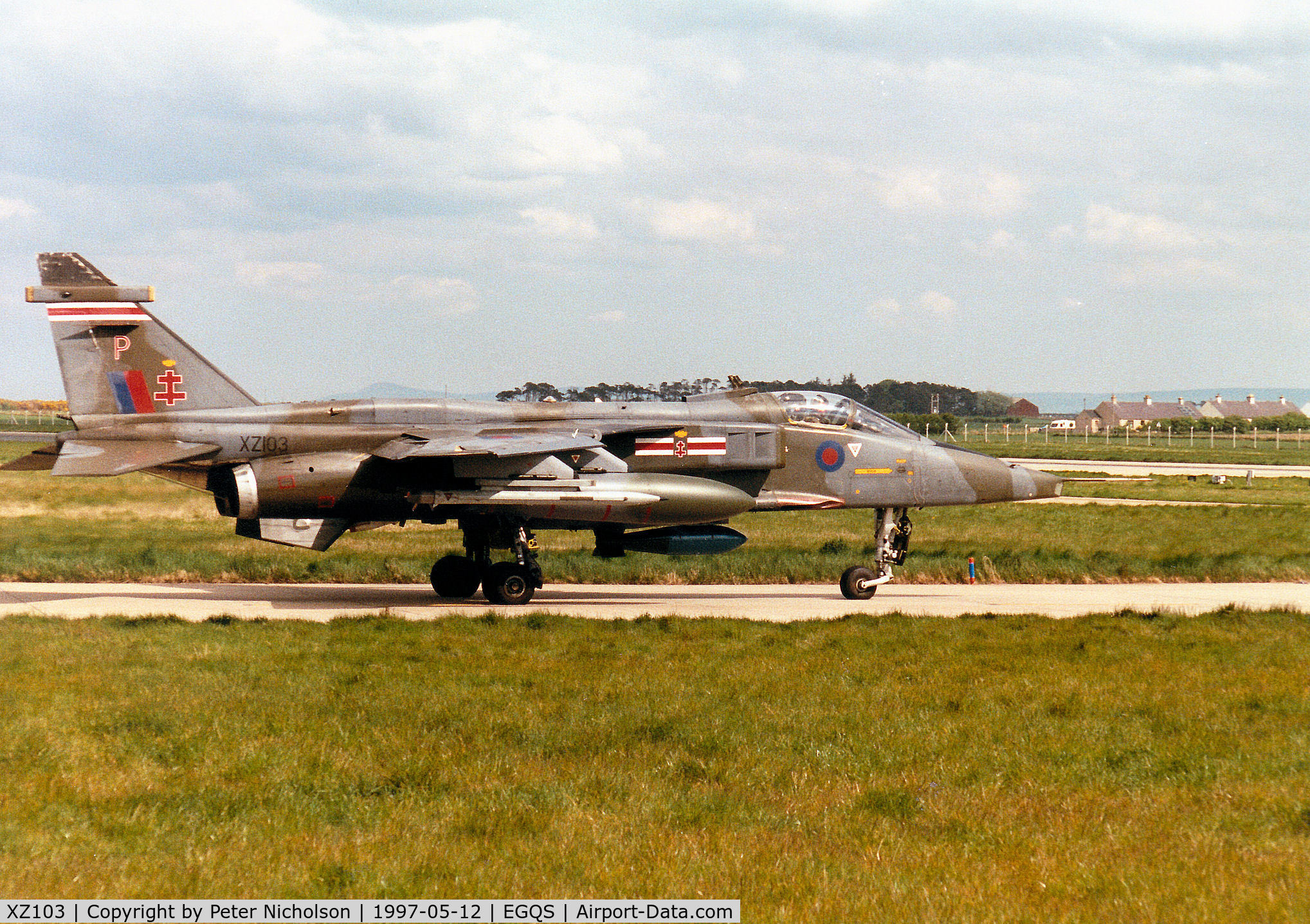 XZ103, 1976 Sepecat Jaguar GR.1A C/N S.104, Jaguar GR.1A, callsign Boxer 3, of 41 Squadron at RAF Coltishall taxying to Runway 05 at RAF Lossiemouth in the Summer of 1997.